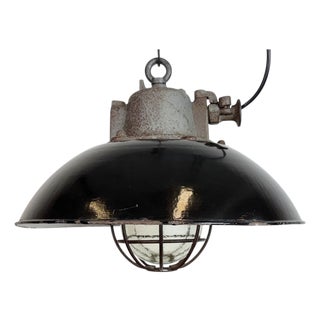 Industrial Black Enamel and Cast Iron Cage Pendant Light from Elektrosvit, 1960s For Sale