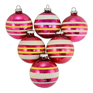 No!! Shiny Brite Pink Banded Ball Ornaments - Set of 6 For Sale