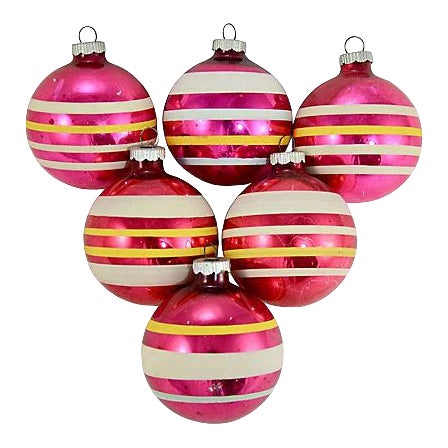 No!! Shiny Brite Pink Banded Ball Ornaments - Set of 6 For Sale