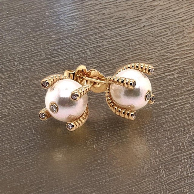2010s Diamond Large Akoya Pearl Earrings 14k Gold 9.25 mm Certified For Sale - Image 5 of 14