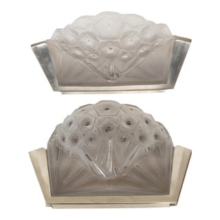 Early 20th Century Art Deco Period Molded Glass Wall Sconces in Silvered Metal Mounts - Pair For Sale