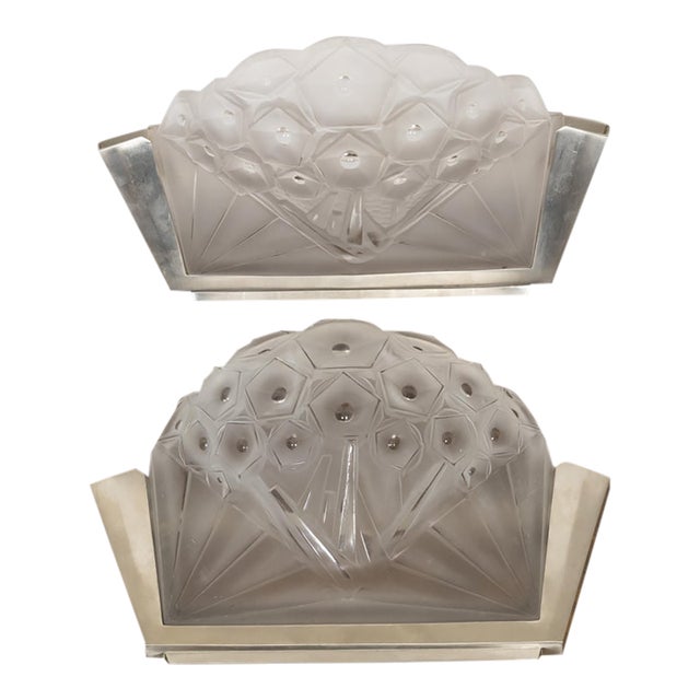 Early 20th Century Art Deco Period Molded Glass Wall Sconces in Silvered Metal Mounts - Pair For Sale