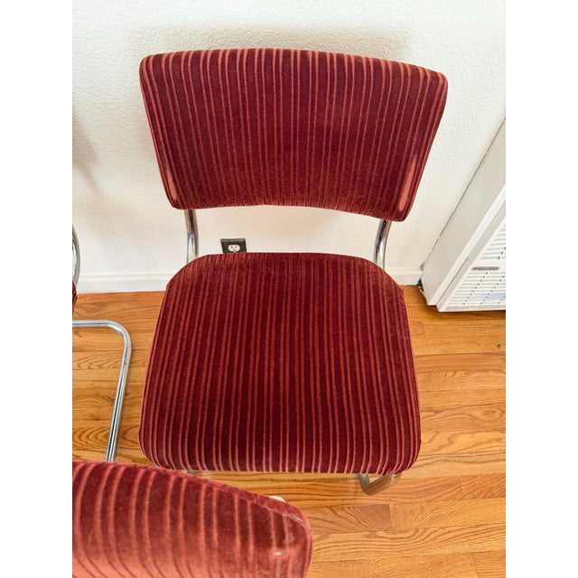 Vintage Burgundy Ribbed Velvet Chrome Cantilever Dining Chairs, Set of 4 For Sale In Los Angeles - Image 6 of 9