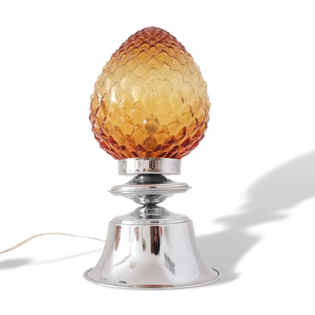 Brown Small Modernist Chromed Metal Amber Glass Pine Cone Table Lamp, 1960s For Sale - Image 8 of 8