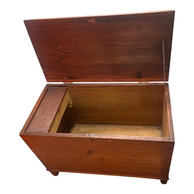Mid 19th Century Dovetail Antique Wood Trunk Primitive Wood Box With Candle Box Hope Chest Coffee Table For Sale - Image 5 of 8