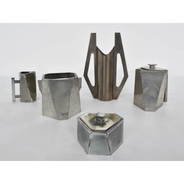 Metal Art Deco Cubista Pewter Table Objects and Vase, 1920, Set of 5 For Sale - Image 7 of 7