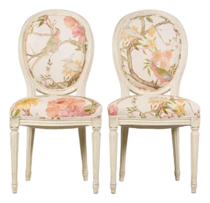 Antique French Louis XVI Style Painted Side Chairs in Pink Chinoiserie Fabric - A Pair