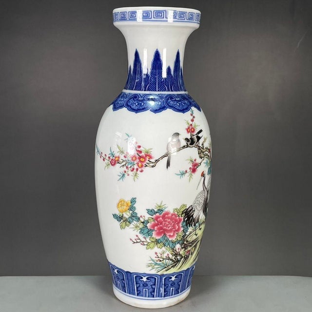 Chinese Pair of Chinese Blue & White Famille Rose Porcelain Vases With Crane Motif For Sale - Image 3 of 9