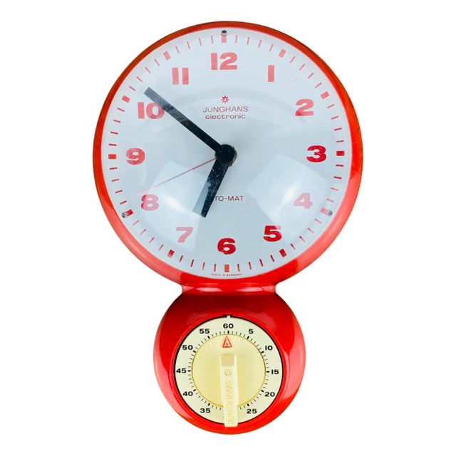 Wall Clock with Timer in Plastic Red from Junghans, 1970s For Sale