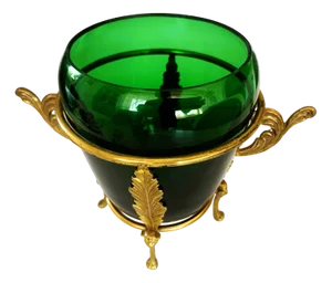 Antique Decorative Container in Green Glass and Brass Frame with Lion Heads, 1930s