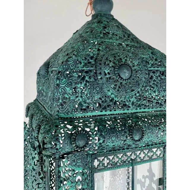 1950s 1950s Mediterranean Decorative Patina 3 Light Cluster Lanterns With Matching Chain and Canopy - Pair For Sale - Image 5 of 12