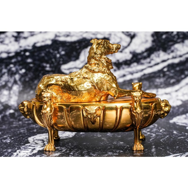 Stunning Gilded Bronze Dog Antique Double Desk Inkwell Ink Stand Art Statue Sculpture For Sale - Image 11 of 16