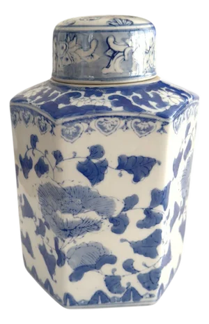 Chinese Export Blue and White Hexagonal Chinoiserie Tea Caddy