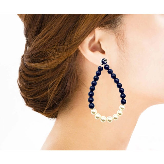 Chanel Silver CC Blue Bead Pearl Large Loop Magnetic Earrings *Marked 15 *Made in Italy *Comes with the original box -It...