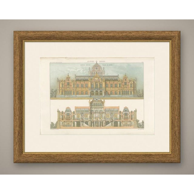 Antique dutch architectural print of the front elevation and section of j. H. Leliman's design for a national museum,...