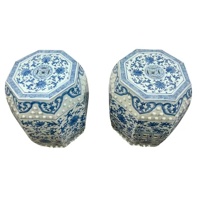 Chinese Chinese Qianlong Style Porcelain Octagonal Garden Blue & White Stool, a Pair For Sale - Image 3 of 14