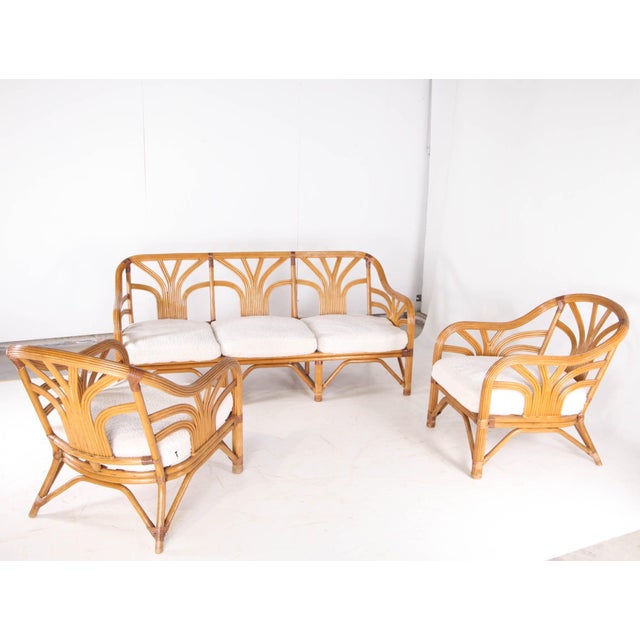Mid-Century Modern Floral Palm Rattan Lounge Set, 1970s, Set of 3 For Sale - Image 3 of 15