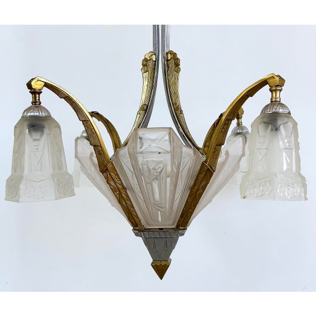 1930s 1930s Art Deco Gilt, Silvered Bronze Chandelier, Frosted Glass Shades For Sale - Image 5 of 14
