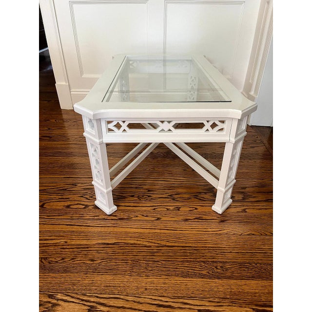 Hollywood Regency Vintage White Lacquer Fretwork Coffee Table For Sale - Image 3 of 7
