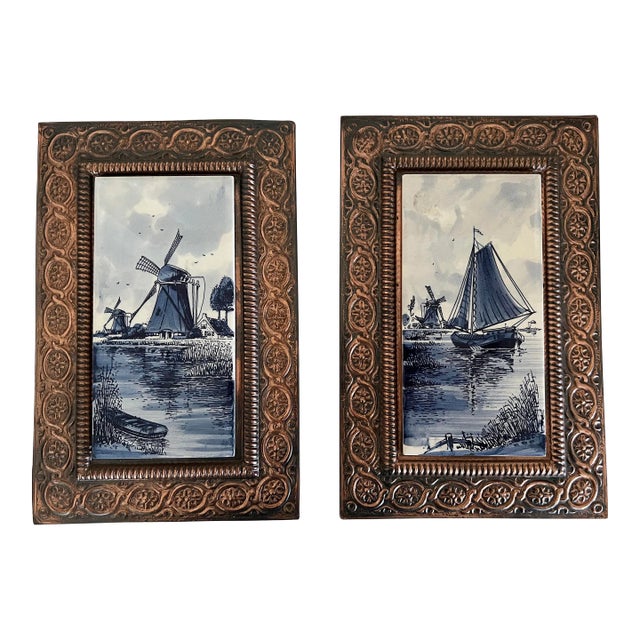Delft Tiles in Stamped Copper Frames, a Pair For Sale