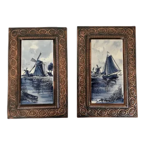 Delft Tiles in Stamped Copper Frames, a Pair
