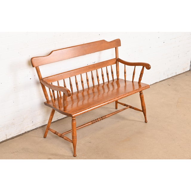 Ethan Allen Ethan Allen American Colonial Carved Solid Maple Spindle Bench For Sale - Image 4 of 10