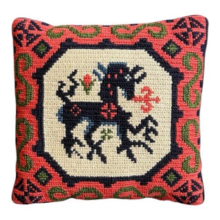 Vintage Swedish Backahsten Horse Accent Pillow Handmade Needlepoint Embroidered For Sale