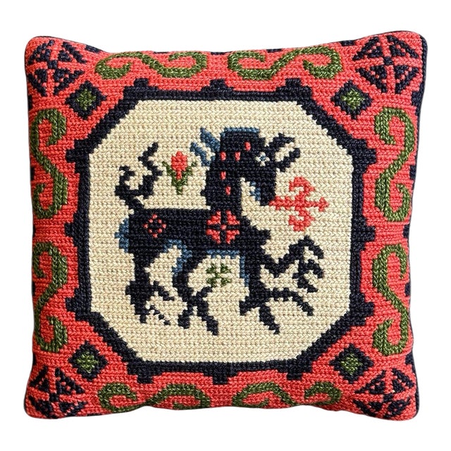 Vintage Swedish Backahsten Horse Accent Pillow Handmade Needlepoint Embroidered For Sale