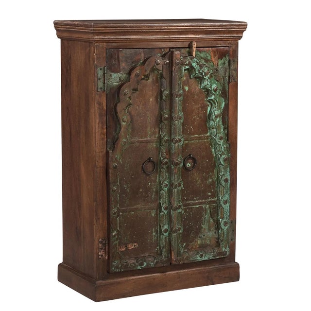 Farmhouse 1960s Handcrafted Reclaimed Wood Storage Cabinet | Antique Indian Door Upcycled Entryway Credenza | Farmhouse Nightstand | Boho Bedroom Decor For Sale - Image 3 of 7