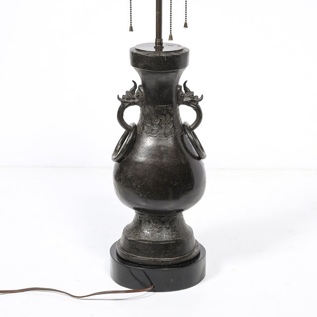 Pair of Mid-Century Iron Dragon Amphora Chinoiserie Table Lamps W/ Ring Details For Sale - Image 14 of 15