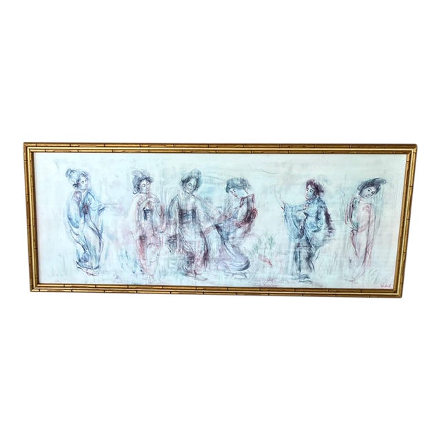 Late 20th-Century “Geisha Girls” Faux Bamboo Frame Lithograph Reproduction Under Glass by Edna Hibel For Sale
