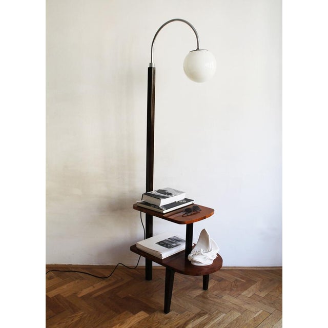 Modernist Floor Lamp in Glass, Wood, and Steel with Shelves, 1950s For Sale - Image 6 of 16