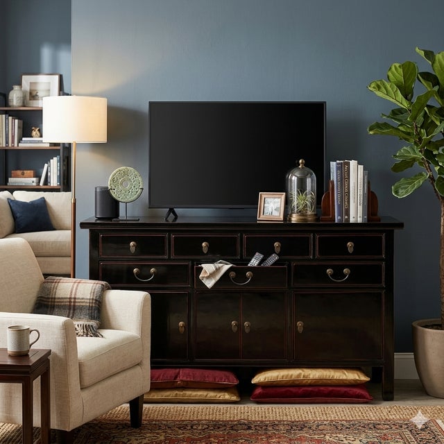 1990s Handmade Solid Wood Black Sideboard With 7 Drawers – Oriental Style For Sale - Image 5 of 7