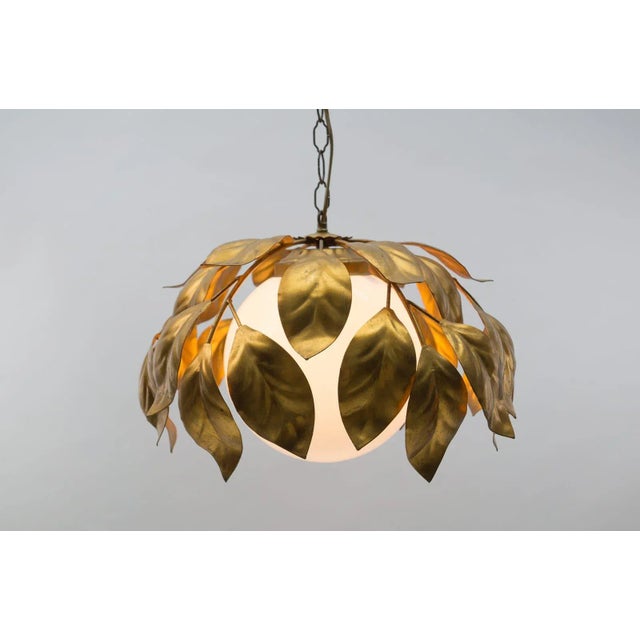 Hollywood Regency Gilded Florentine Ceiling Lamp with Opaline Glass Globe Shade, 1960s For Sale - Image 3 of 12