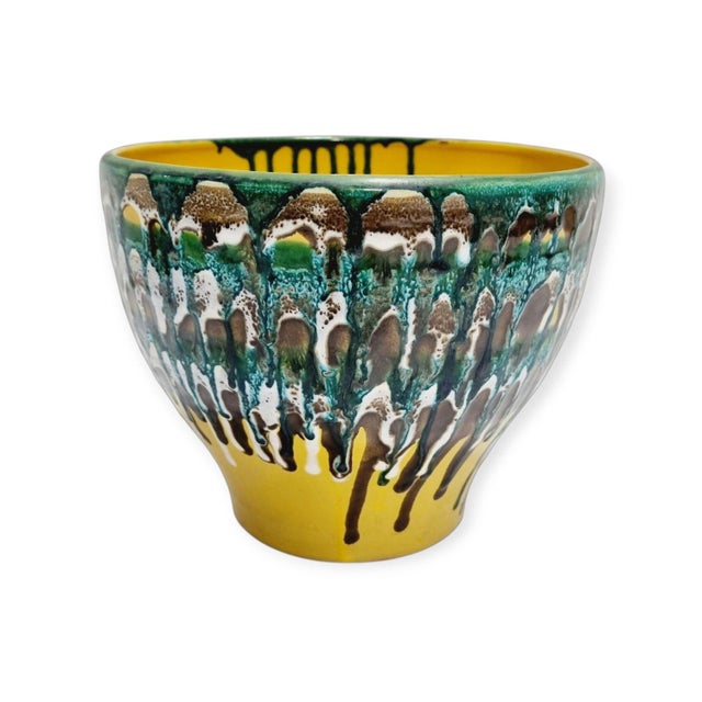 Vintage art pottery planter from the 1970s with bohemian colors, created by ceramicist István Bere. A youthful, cheerful...