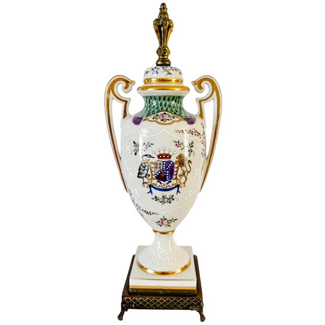 Edmé Samson Antique 19th Century Edmé Samson Hand-Painted Armorial Urns With Gilt Bronze Mounts - Pair For Sale - Image 4 of 17
