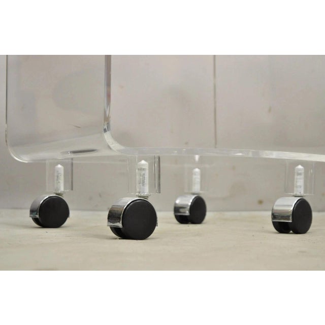 Vintage Clear Lucite Acrylic Mid Century Modern Rolling Side Tables - A Pair For Sale - Image 9 of 11