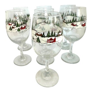 1960s Libby Winter Village Wine/Water Goblet Set of 7 For Sale