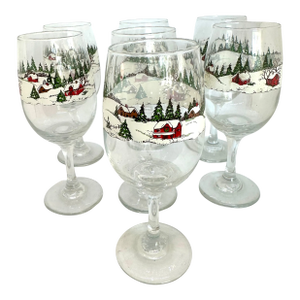 1960s Libby Winter Village Wine/Water Goblet Set of 7
