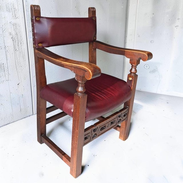1920s Rare Antique Spanish Revival / Gothic Oak Armchair in Oxblood Leather & Bronze Accents For Sale - Image 5 of 12
