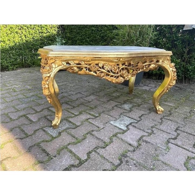 French 1980s Artisan Louis XVI Gold Beech Marble Coffee Table For Sale - Image 3 of 11
