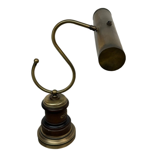 Vintage Brass + Wood Gooseneck Library Desk Lamp For Sale