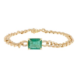 Art Deco 18k Gold Natural 2.82ct Zambian Emerald & 1.91ct Diamond Chic Bracelet For Sale
