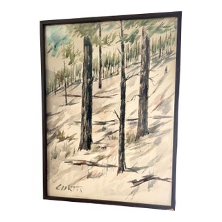 Vintage Framed Forest Scene Watercolor Painting by Philip Campbell Curtis For Sale
