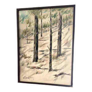 Vintage Framed Forest Scene Watercolor Painting by Philip Campbell Curtis