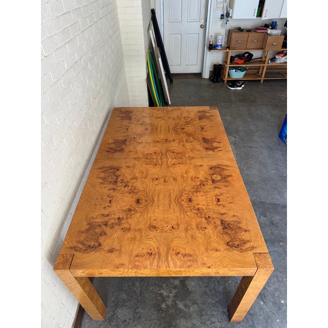 Mid-Century Milo Baughman Style Burl Wood Parsons Extension Dining Table by Lane For Sale In Madison - Image 6 of 15
