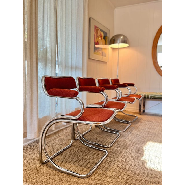 A Set of 4 Chrome Cantilevered Dining Arm Chairs in a Rich Rusty Red Boucle For Sale - Image 11 of 12