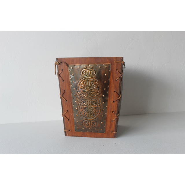 Pieced Copper Plate Leather Western Theme Wastebasket Vintage For Sale - Image 11 of 14