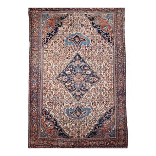 Antique Persian Bidjar Rug, Hand-Knotted Wool, Herati Geometric Pattern, Ivory & Red, 7x12 For Sale