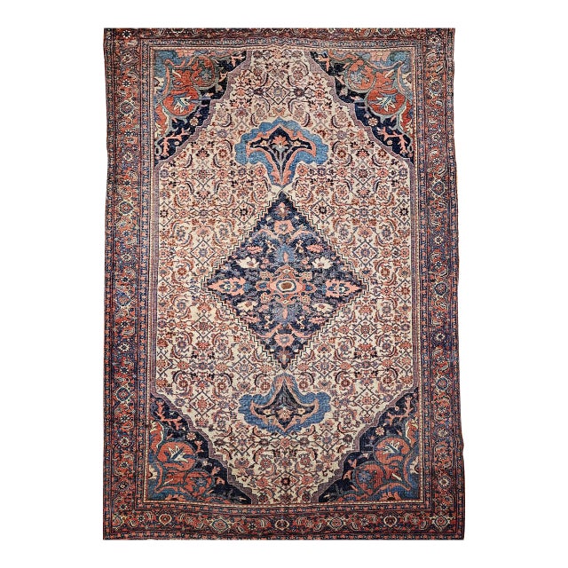 Antique Persian Bidjar Rug, Hand-Knotted Wool, Herati Geometric Pattern, Ivory & Red, 7x12 For Sale